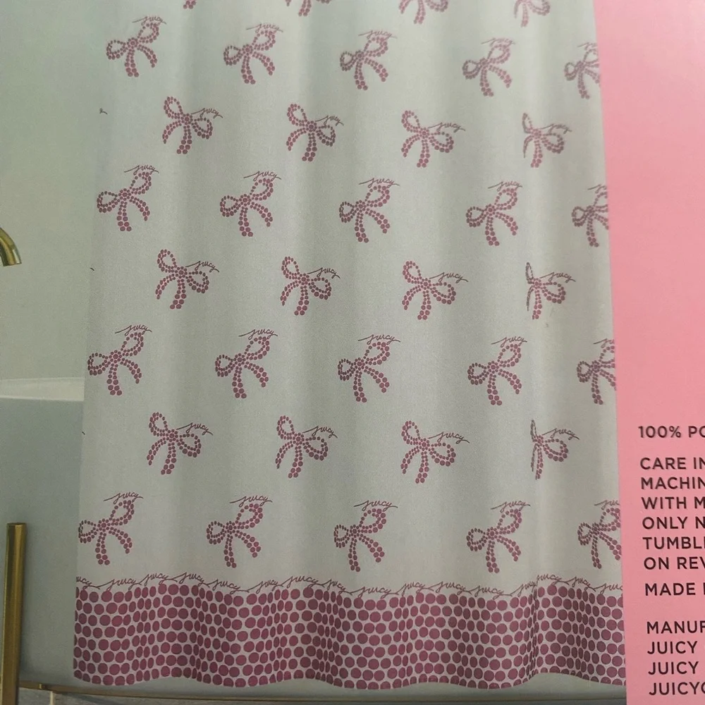 Juicy Couture Pink Dotted Bow “Juicy” Logo Shower Curtain with Hooks Set